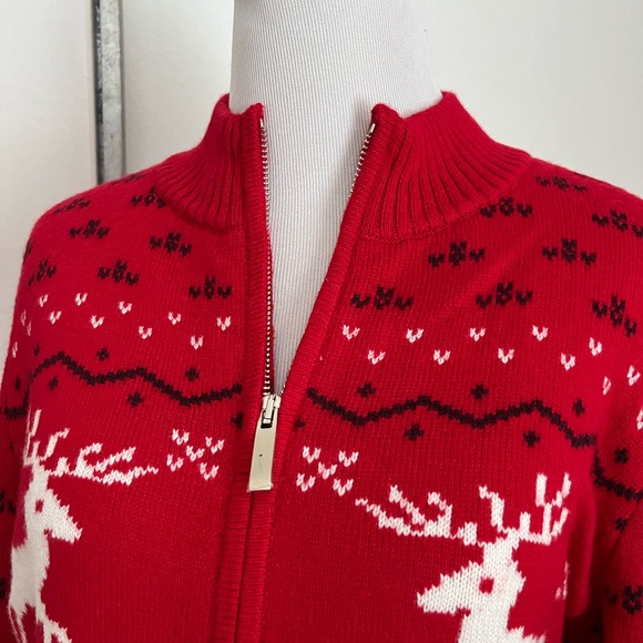 NWOT Talbot's Red Zip Front Nordic Deer Cardigan Sweater Size Small - Picture 3 of 11